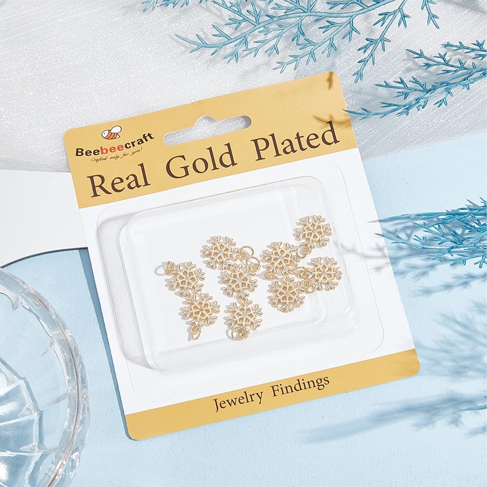 Beebeecraft 1 Box 10Pcs Cubic Zirconia Snowflake Charms 18K Gold Plated Brass Winter Snow Charms for Christmas Theme Jewelry Making DIY Craft