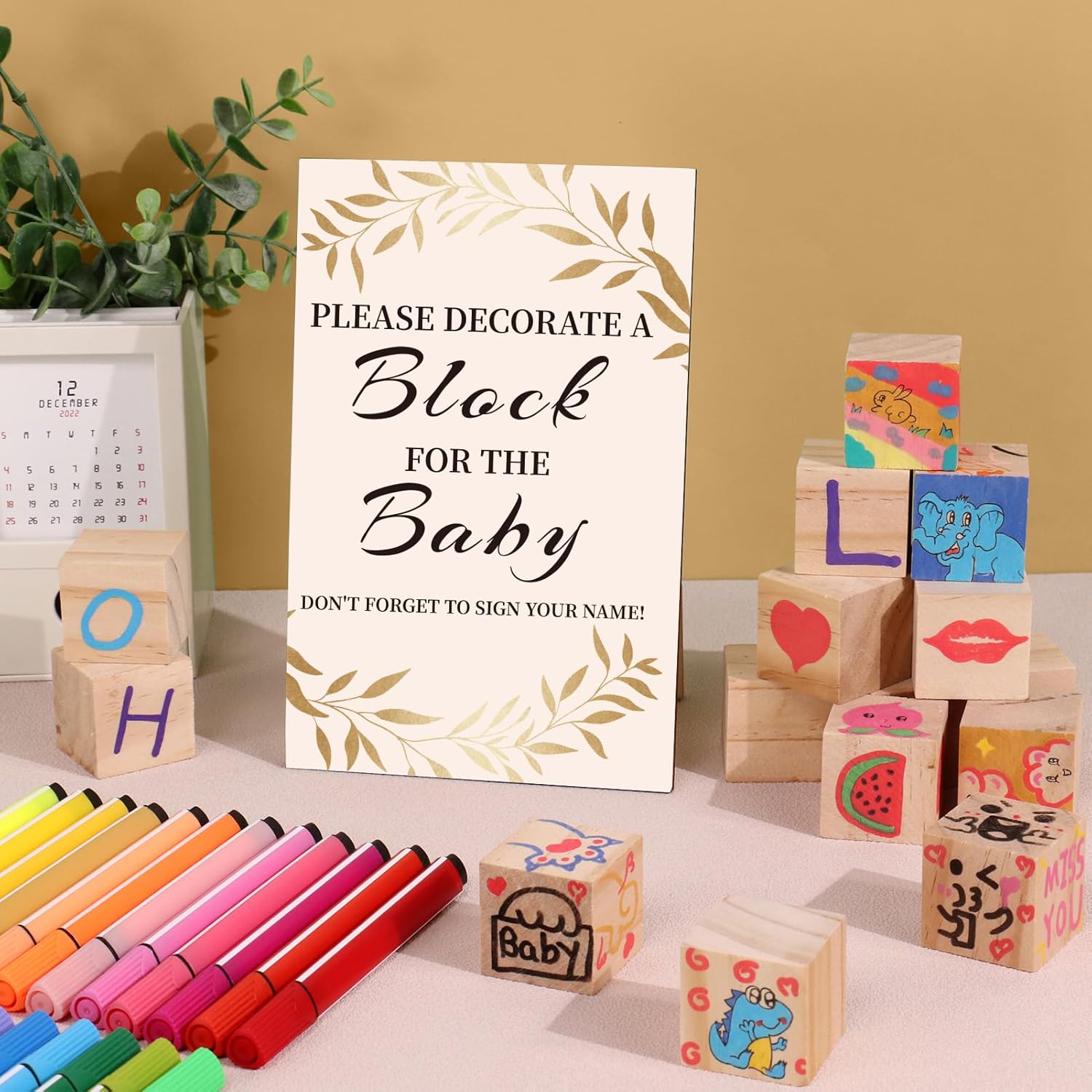 wookidel Baby Shower Games Sign Kit with 50 Blank Wooden Baby Blocks, 24 Acrylic Paint Marker and Wooden Sign, Blocks for Baby Shower Games, Gender Reveals Party(Gold)