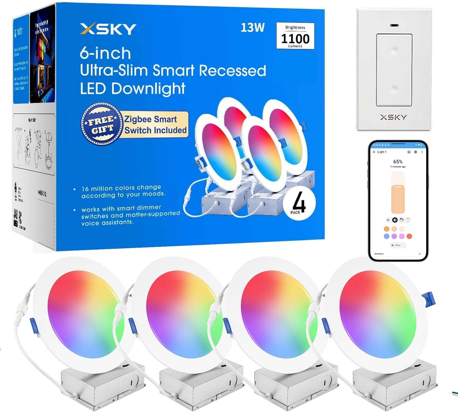 Xsky Smart Recessed Lighting 6 inch 4 Pack,Dimmer Switch Include, Zigbee 3.0 Light, RGBW Dimmable, Downlight, Compatible with Alexa, Home Assistant, SmartThings,16 Million Colors
