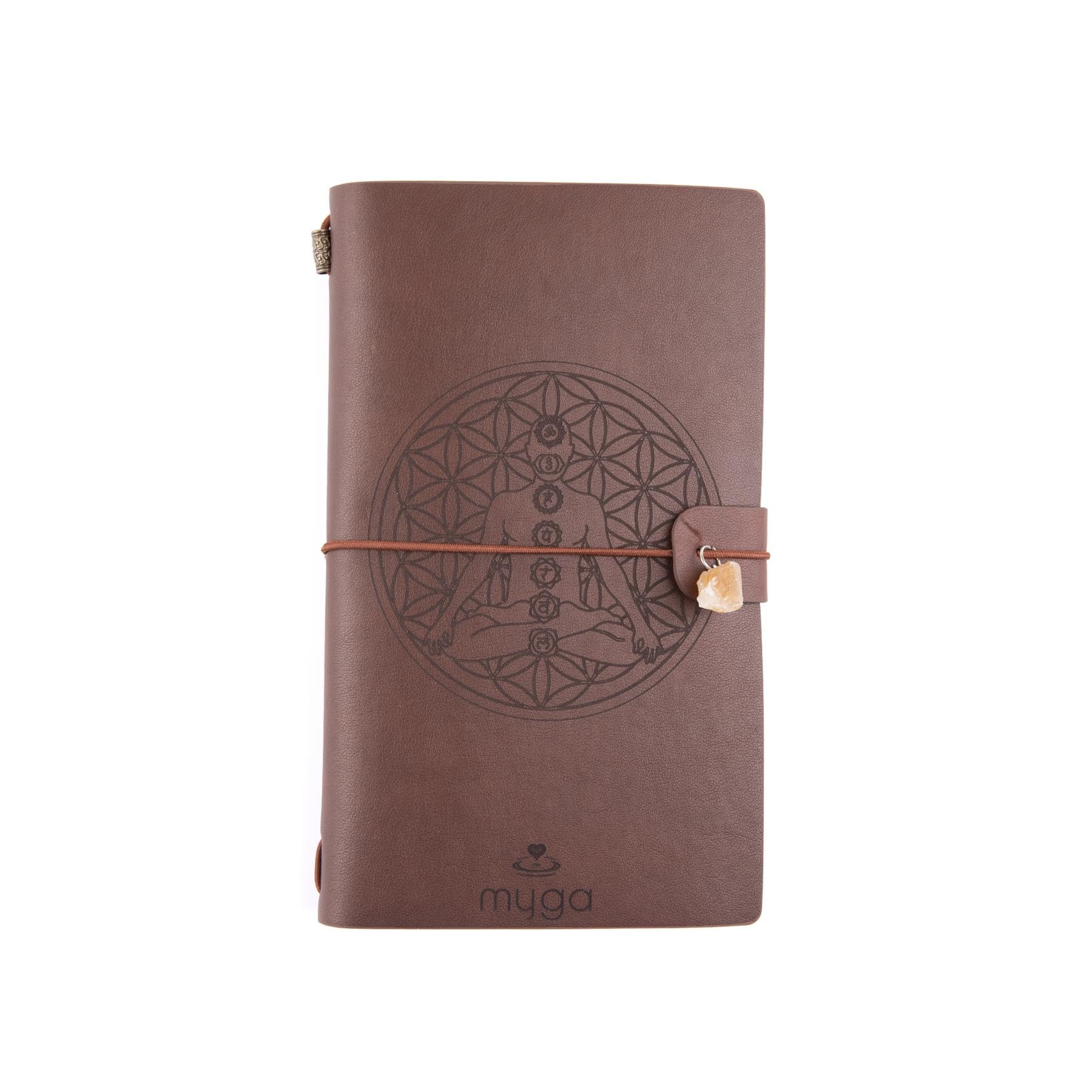 Myga Crystal Notebook - 72 Page Thick Paper Refillable Blank Lined Writing Notebook Journal Diary with Pockets, Bookmarks and Elasticated Strap for Men & Women - Meditation Chakra & Citrine