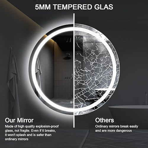 Miniatura 6 de CITYMODA Espejo de baño LED de 28 pulgadas con luces, 3 luces inteligentes antiniebla, espejo de baño redondo montado en la pared, brillo de
