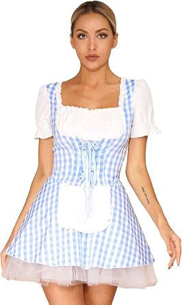TiaoBug Womens Gingham Dress Miss Muffet Fairytale Maid Dress Halloween Party Cosplay Costume