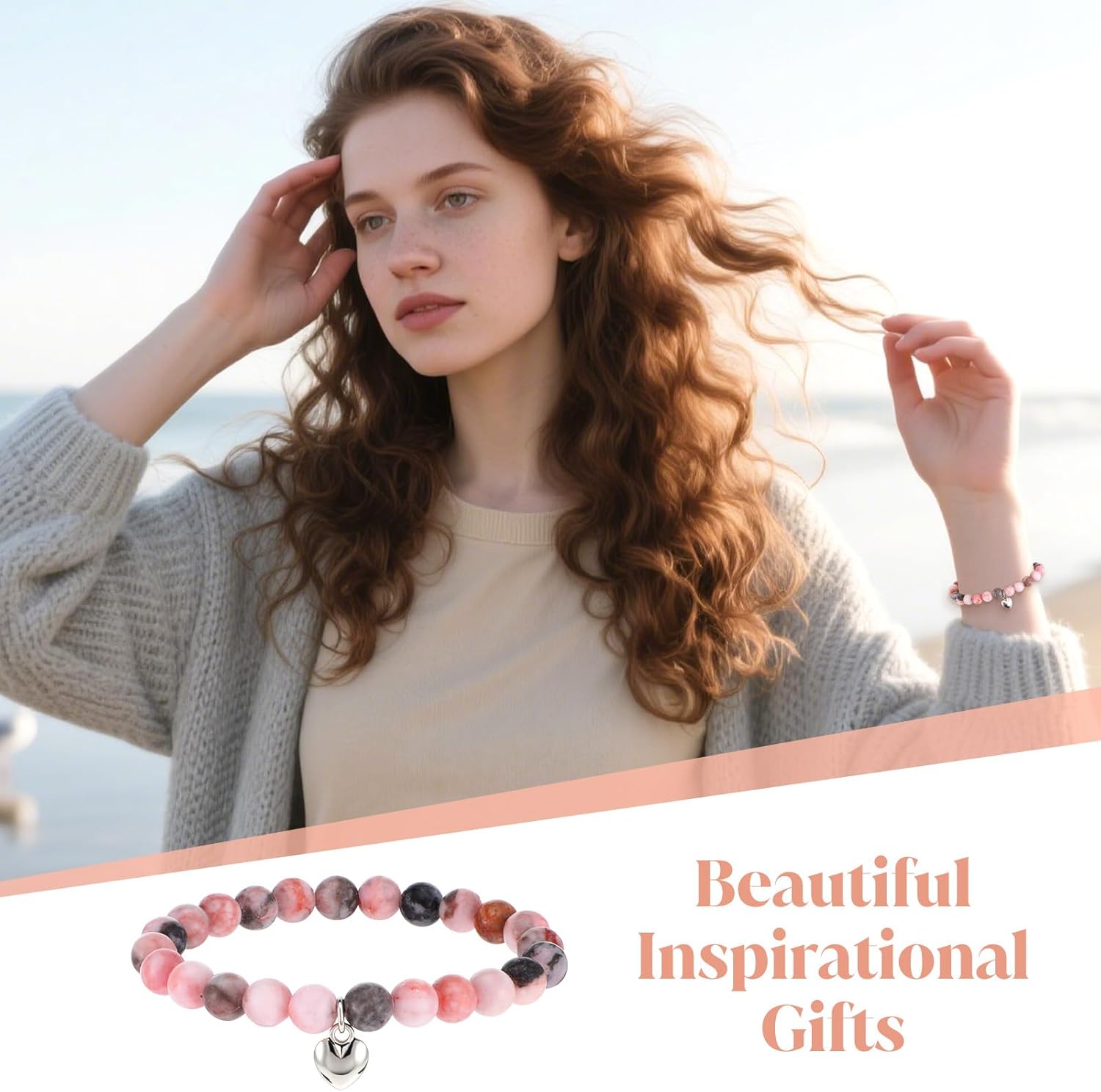 12 Pieces Inspirational Natural Stone Gifts Sweet Heart Beaded Bracelets with Cards Gifts - Image 5