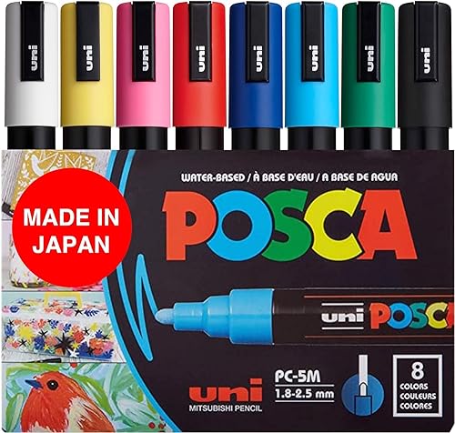 Posca - Juego de marcadores de pintura acrílica (8 colores medianos, PC-5M, versión 2 (PC5M8SET)