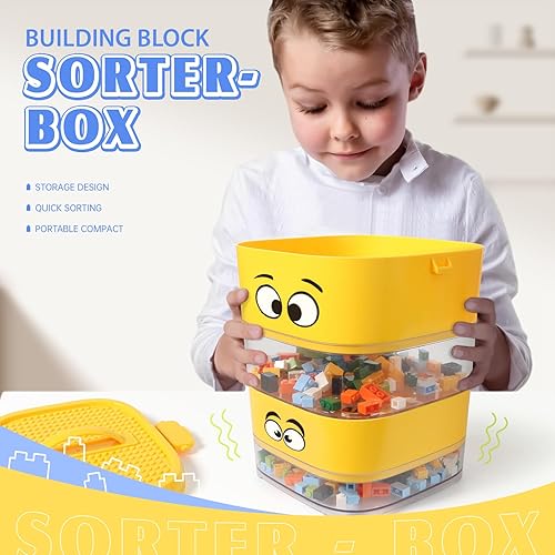 Miniatura 7 de Tamiz clasificador de bloques de juguete de 4 bandejas, bonita caja de ladrillos de almacenamiento portátil para bloques de Lego, clasificador de