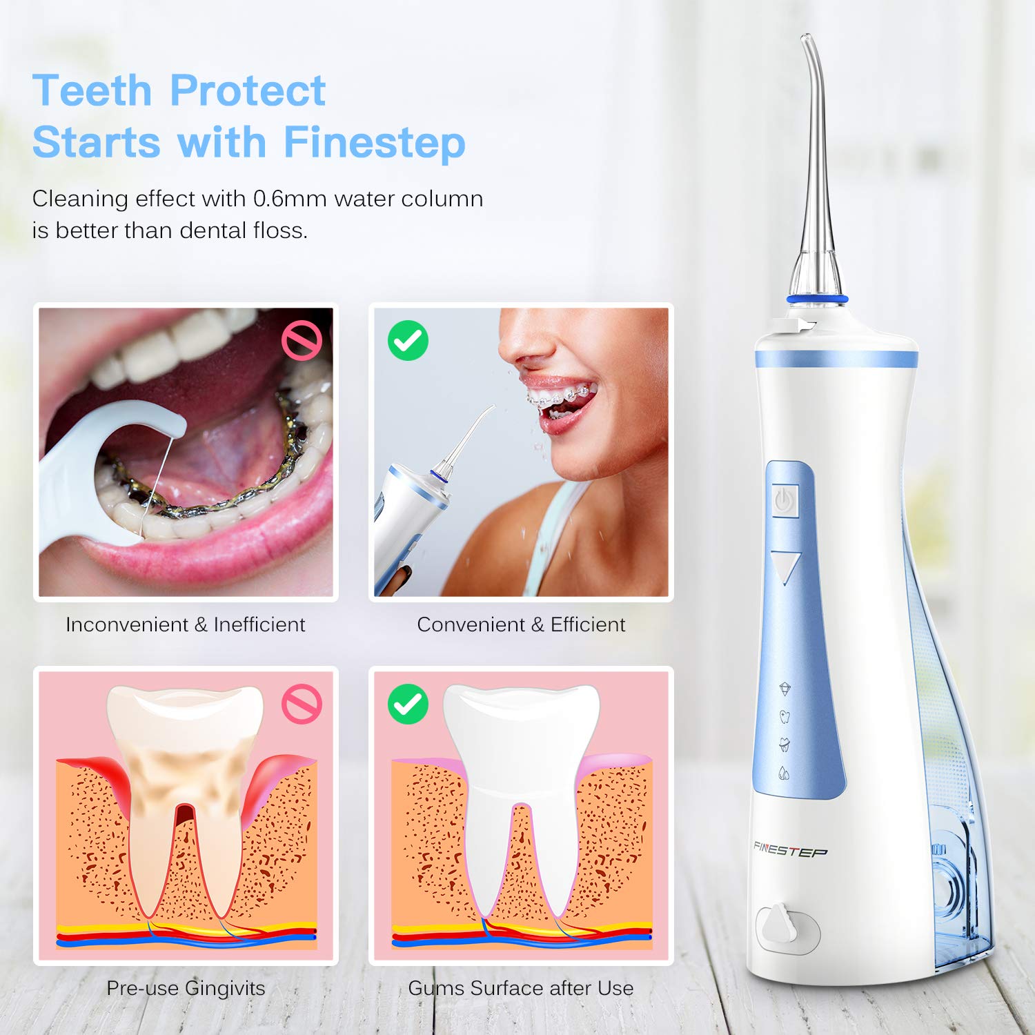 Water Dental Flosser Cordless for Teeth - 4 Modes Dental Oral Irrigator, Portable and Rechargeable IPX7 Waterproof Water Teeth Cleaner Picks for Home & Travel - Water Flosser for Oral Care