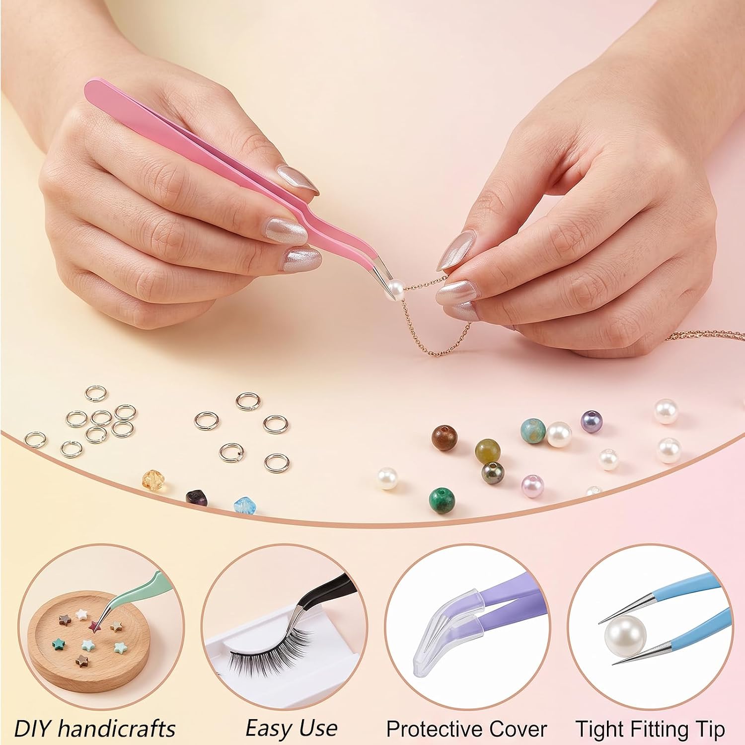 8 Pieces Craft Tweezers - Stainless Steel Curved Pointed Precision Tweezers with Cover - Multifunctional Jewelry Sticker Tweezer for Rhinestones Bedazzling Eyelash Extensions Crafts, Colorful