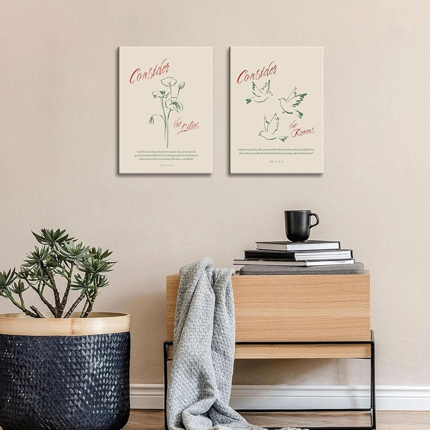 2Pcs Bible Verse Canvas Wall Art Christian Inspirational Plant Pigeon Consider Lilies Painting Pictures Wall Decor Religious Inspiring Posters Prints for Church Living Room Bedroom Home Decoration