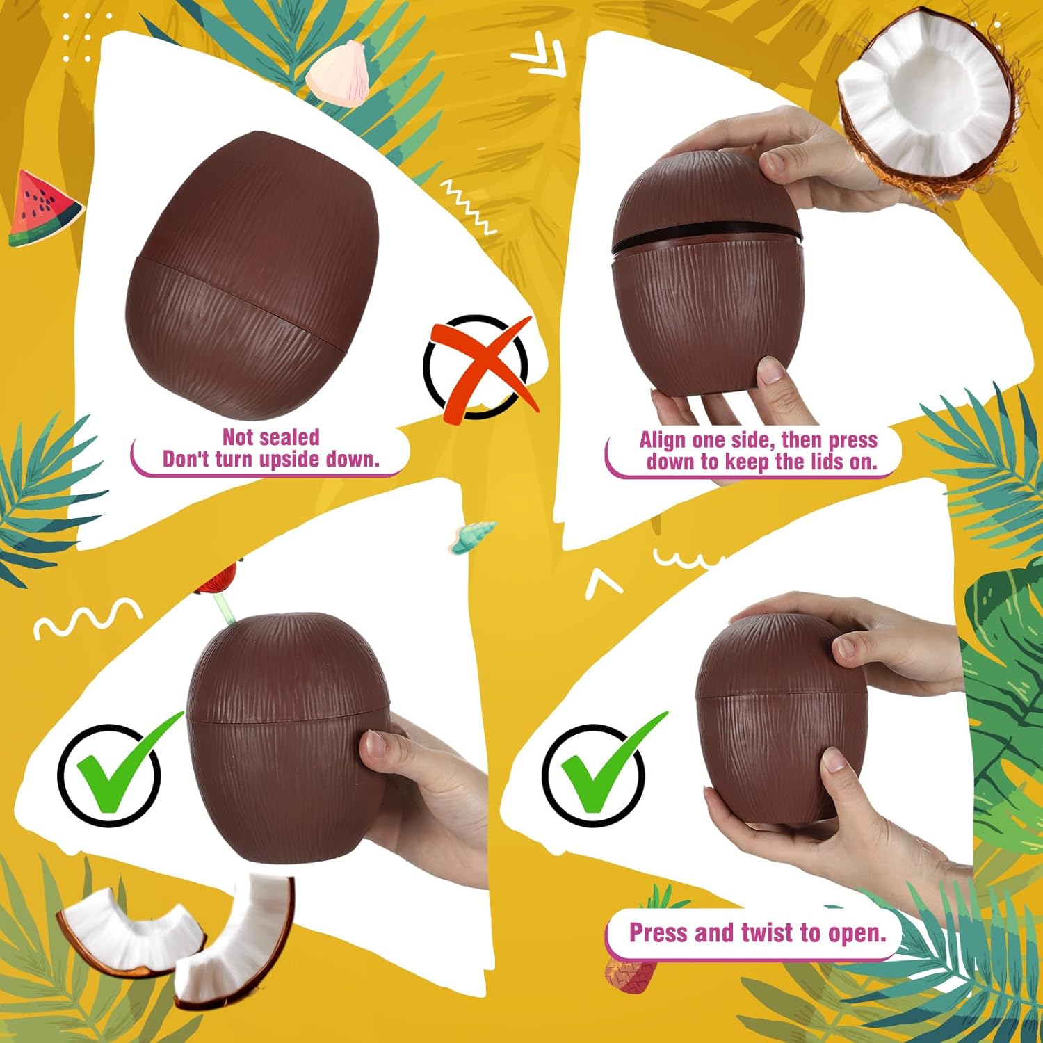 Hushee 24 Pack Fruit Cups with 24 Flower Straws and 24 Inflatable Floating Flamingo Drink Holders Plastic Fruit Cup Flamingo Coaster for Hawaiian Summer Beach Birthday Party Favor Supply (Coconut)