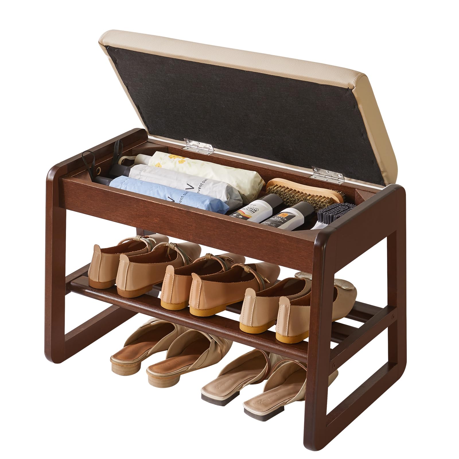 Aibiju Banc de Rangement à Chaussures avec Coussin, Banc Étagère à Chaussures à 2 Niveaux en bois Massif, Organiseur de Rangement de 60 cm pour Entrée, Salon, Couloir, Chambre, Couleur Noyer YD-WD060B