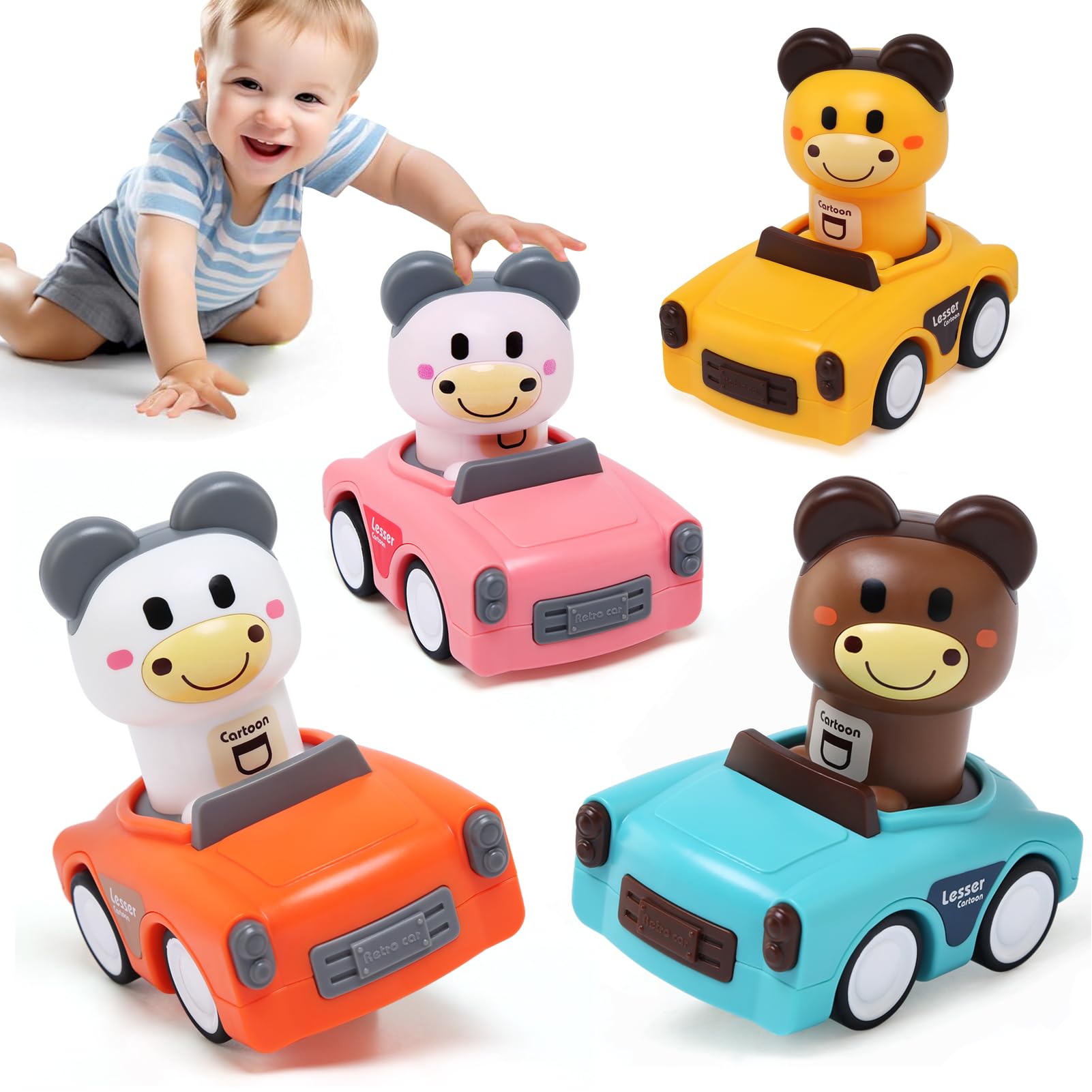 BelleStyle Baby Toy Cars for 1 Year Old Boys Girls, 4Pcs Press and Go Car Toys for Toddlers 1 2 3 Year Old