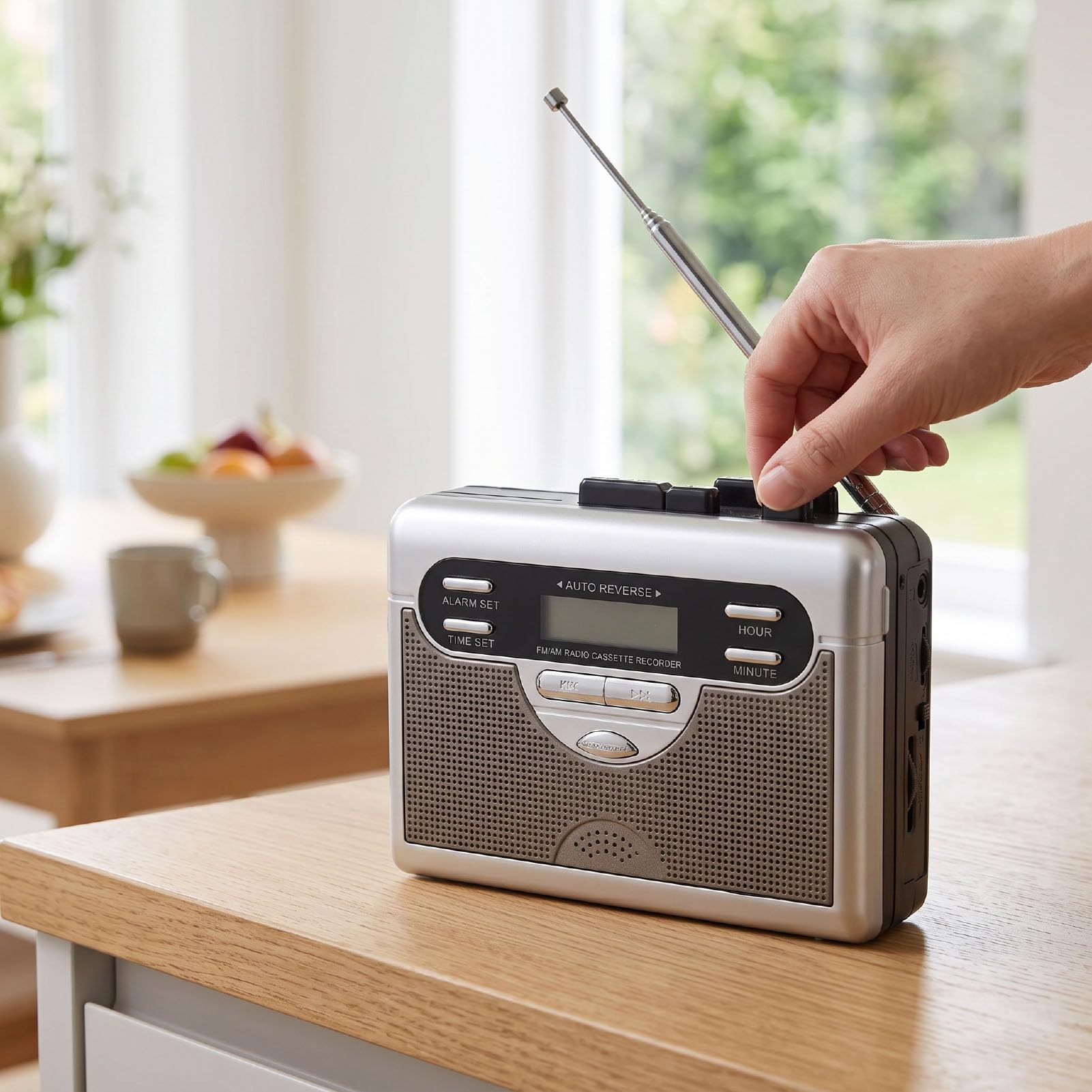 Przenośny Magnetofon Kasetowy z Radiem AM FM | Automatyczne Zatrzymanie / Bieg Wsteczny, Wbudowany Głośnik, Wyświetlacz LED, Zegar / Alarm, Słuchawki 3,5 Mm, Przenośny