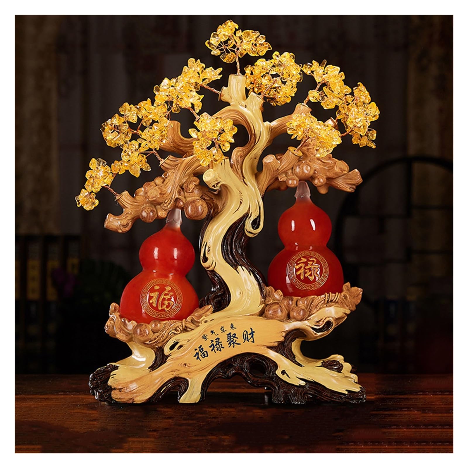 Biurko Feng Shui drzewo pieniędzy tykwa dekoracyjna ozdoba kamień szlachetny drzewko bonsai dla bogactwa/fortuny i szczęścia na szczęście prezent mama dekoracja na dzień matki (czerwony, średni)