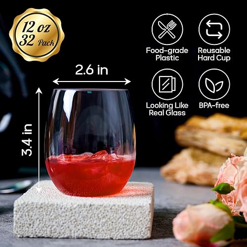 Miniatura 2 de FOCUSLINE Paquete de 32 copas de vino de plástico sin tallo, vasos de vino desechables transparentes de 12 onzas, copas de vino de plástico