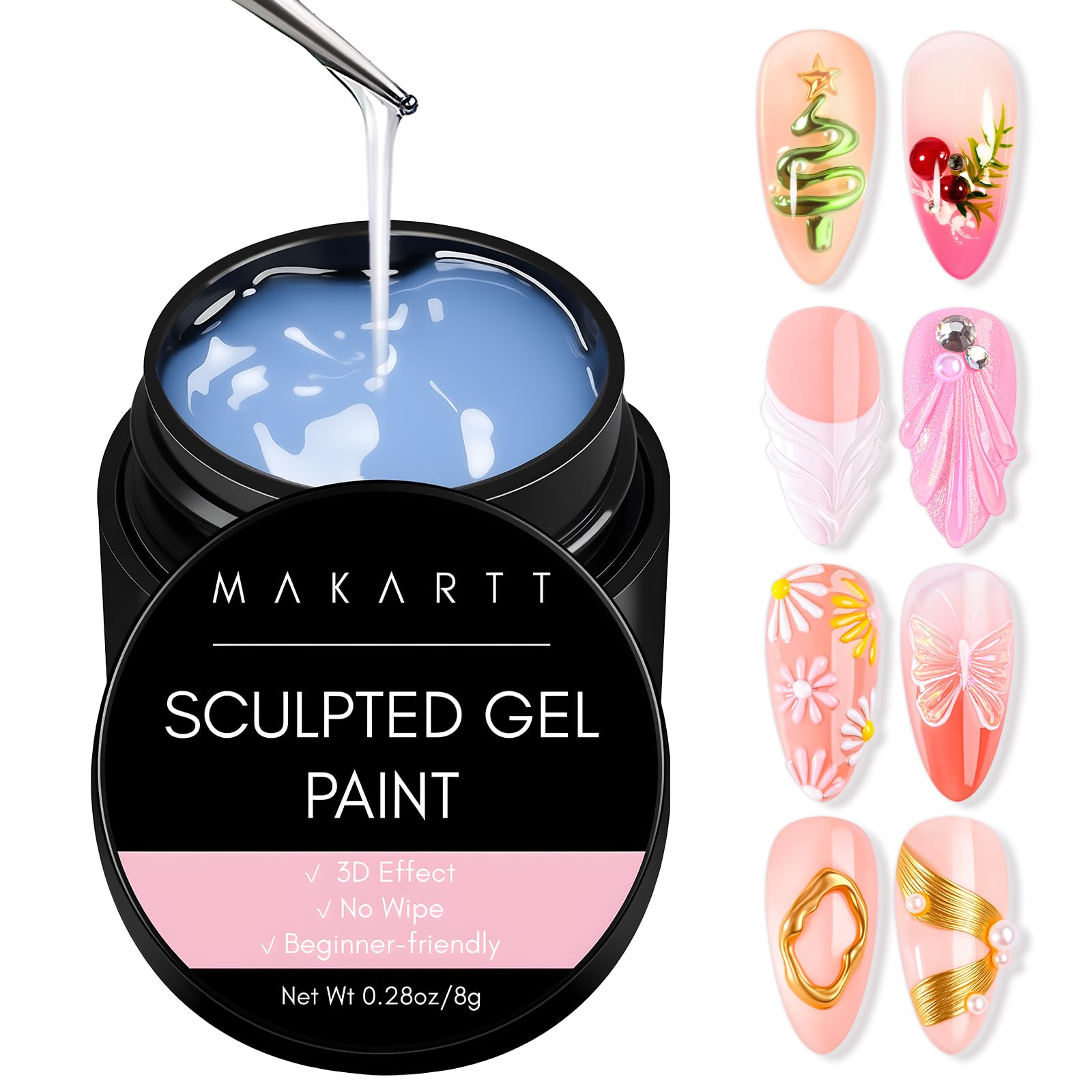 Makartt 3D Gel Nail Art: Clear 3D Painting Gels for Chrome Powder, 3D Sculpting No Wipe for Gel Nail Polish, 3D Carving Drawing Gels for Nails Art at Home & Salon DIY 0.28 fl.oz