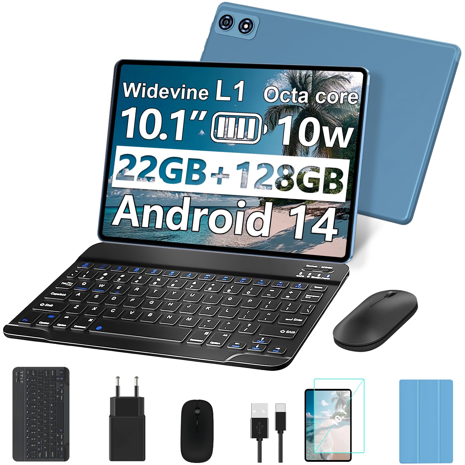fezawio Android 14 Tablet 10 pollici 22 GB RAM + 128 GB ROM Octa-Core Tablet 5G WiFi, con tastiera mouse, 8000 mAh, (1TB TF) con collina-blu