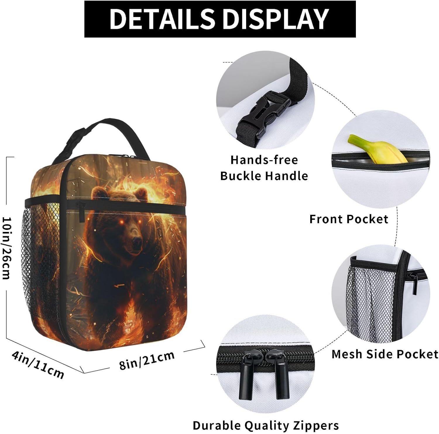 Fierce Bear Insulated Lunch Box for Men Wildlife Lovers,Polyester Reusable Cooler Lunchbox Gifts,Enchanted Animal Fire Leakproof Lunchbag for Work,Picnic,Travel,Hiking,Fishing