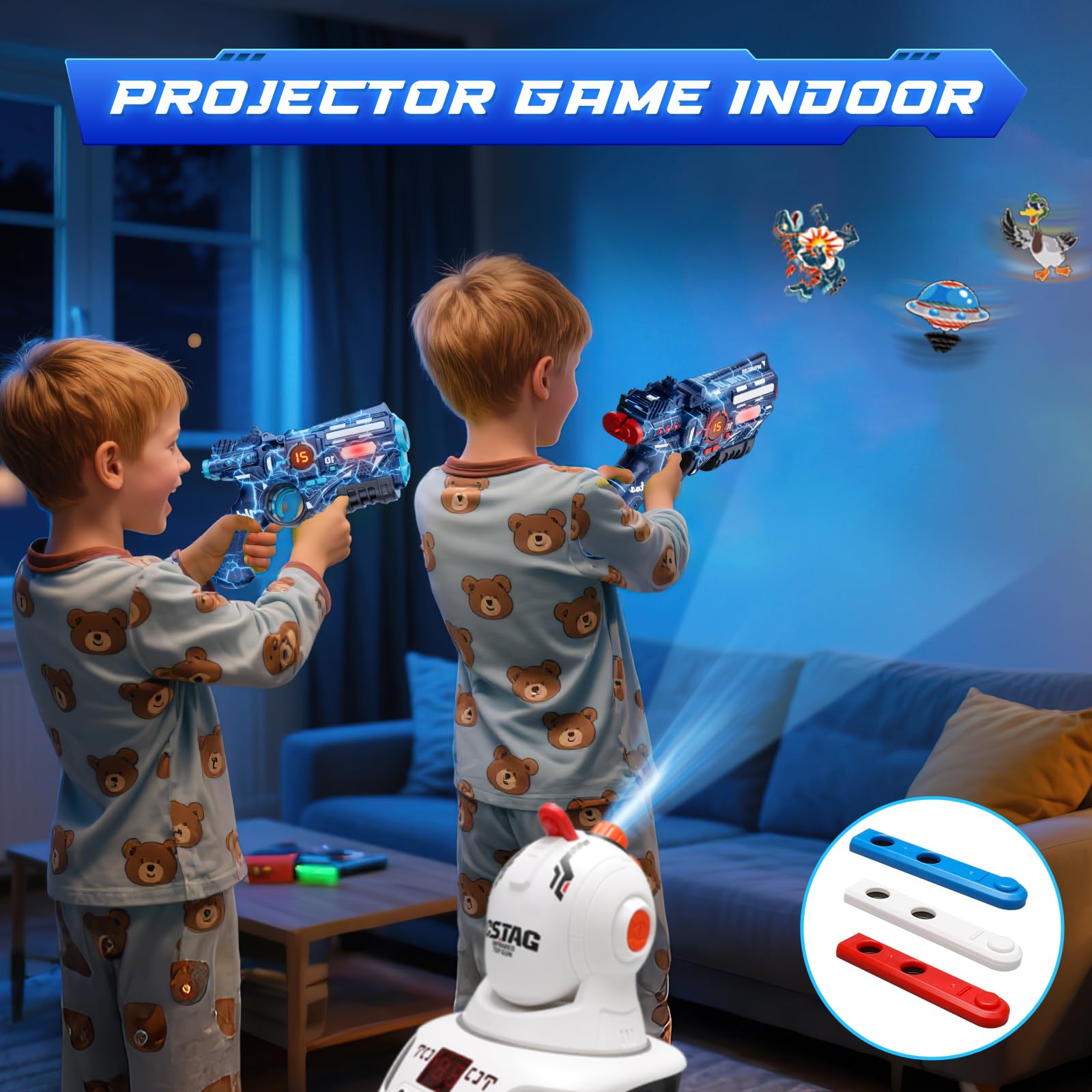 VATOS Wiederaufladbares Laser Tag Set mit Projektor, 2 Spieler Spielzeugpistole mit Projektor und digitaler LED-Punktanzeige, Schießspiele mit 3 Zielen, perfektes Familienspielzeug für Kinder