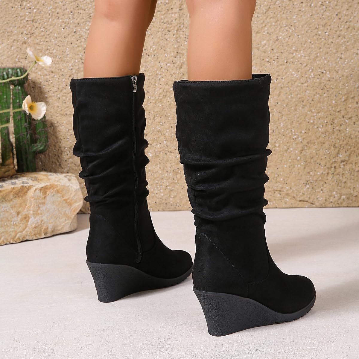 Women's Knee High Black Suede Boots with Wedge Heel, Wide Calf Design & Side Zipper, Non-Waterproof Fashion Boots