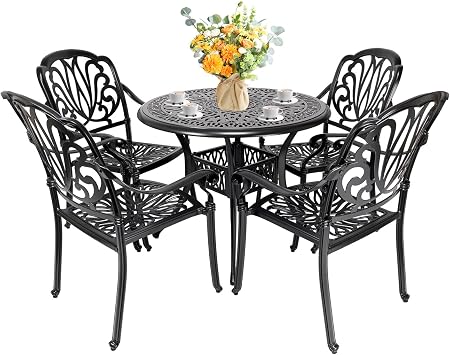 Cast Aluminum Dining Set 5 Piece Outdoor, Patio Conversation Furniture Set, Patio Table and Chairs Set of 4 for Garden Backyard, Black