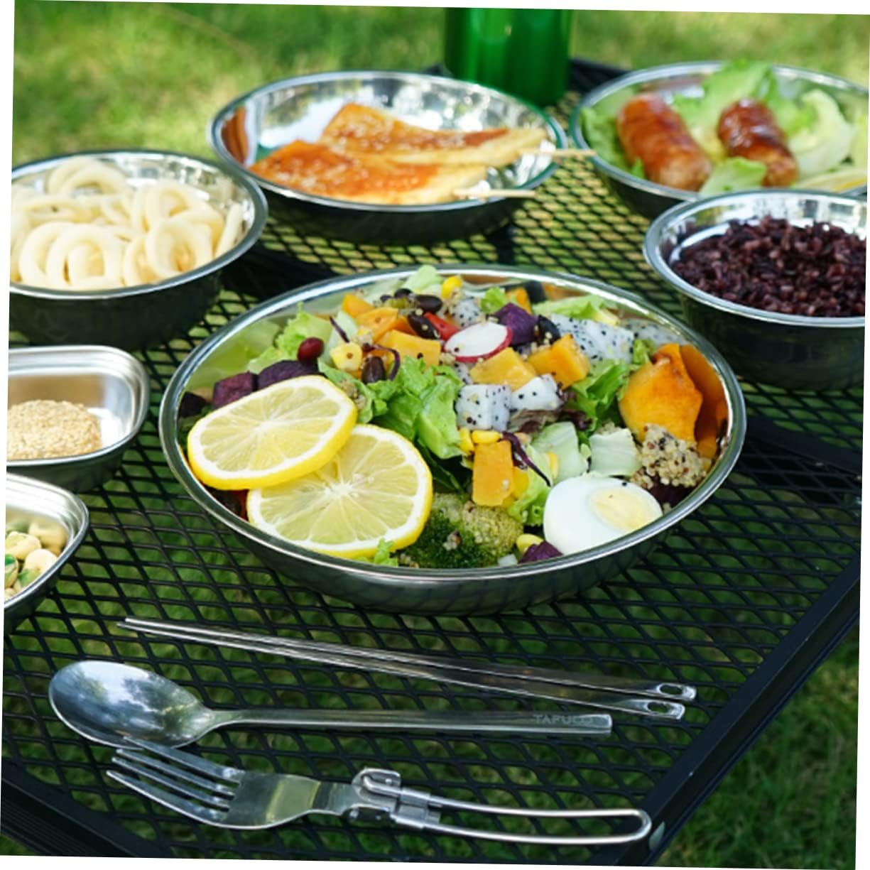 BESPORTBLE 1 Set Portable Stainless Steel Camping Dishes Complete Outdoor Dining Tools with Bowl Plate and Utensils for Travel Hiking and Picnics Includes Storage Bag for Easy Carrying