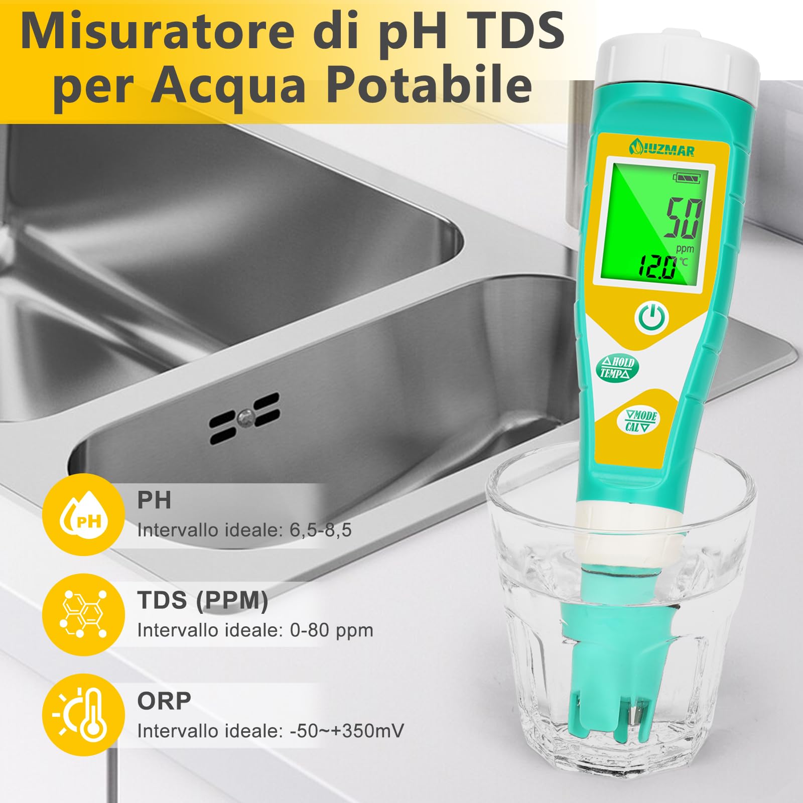 UIUZMAR Misuratore di pH e ORP Redox Salinità Piscina, 6 in 1 Tester | pH Sale Redox EC TDS per Piscina di Acqua Salata, Misuratore pH EC TDS per Idroponica, Acquario, Acqua Potabile