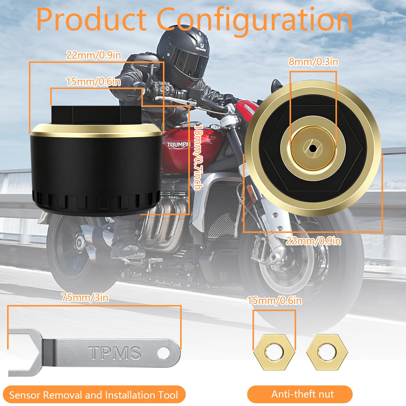 Reifendruckkontrollsystem, für Motorrad & Zweiräder, mit Reifendruck-Warnfunktion, Echtzeit-Überwachung über Smartphone-App, Messbereich 0-8 BAR, Kupfer-Basis, kompatibel mit iOS & Android