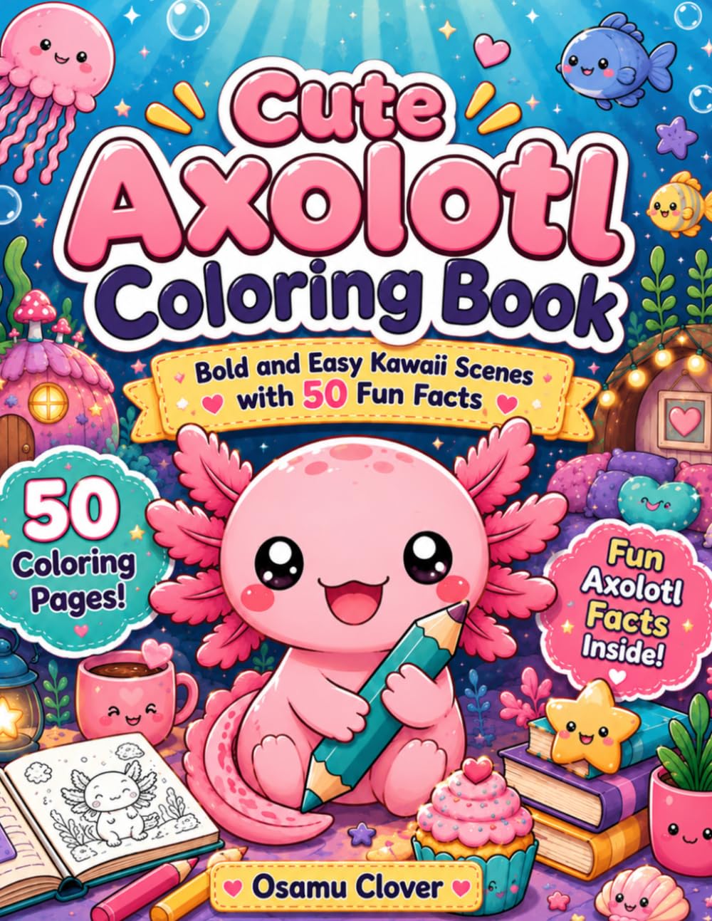 Cute Axolotl Coloring Book: Bold & Easy Kawaii Coloring Pages with 50 Fun Facts