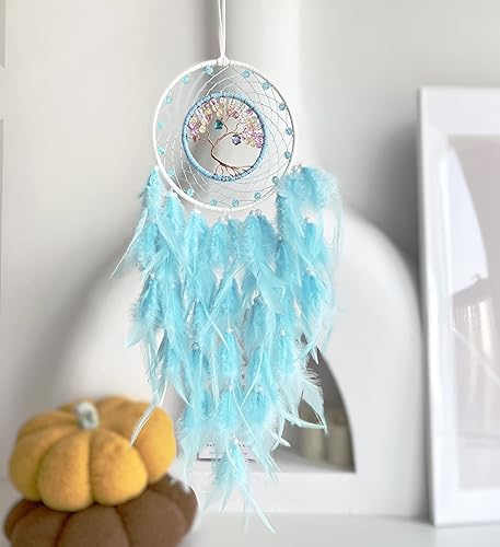 Miniatura 7 de Atrapasueños, Atrapasueños Azul Claro Árbol de la Vida Decoración de Pared, con Cuentas Coloridas Similares a Dulces, Perfecto Atrapasueños Hecho a