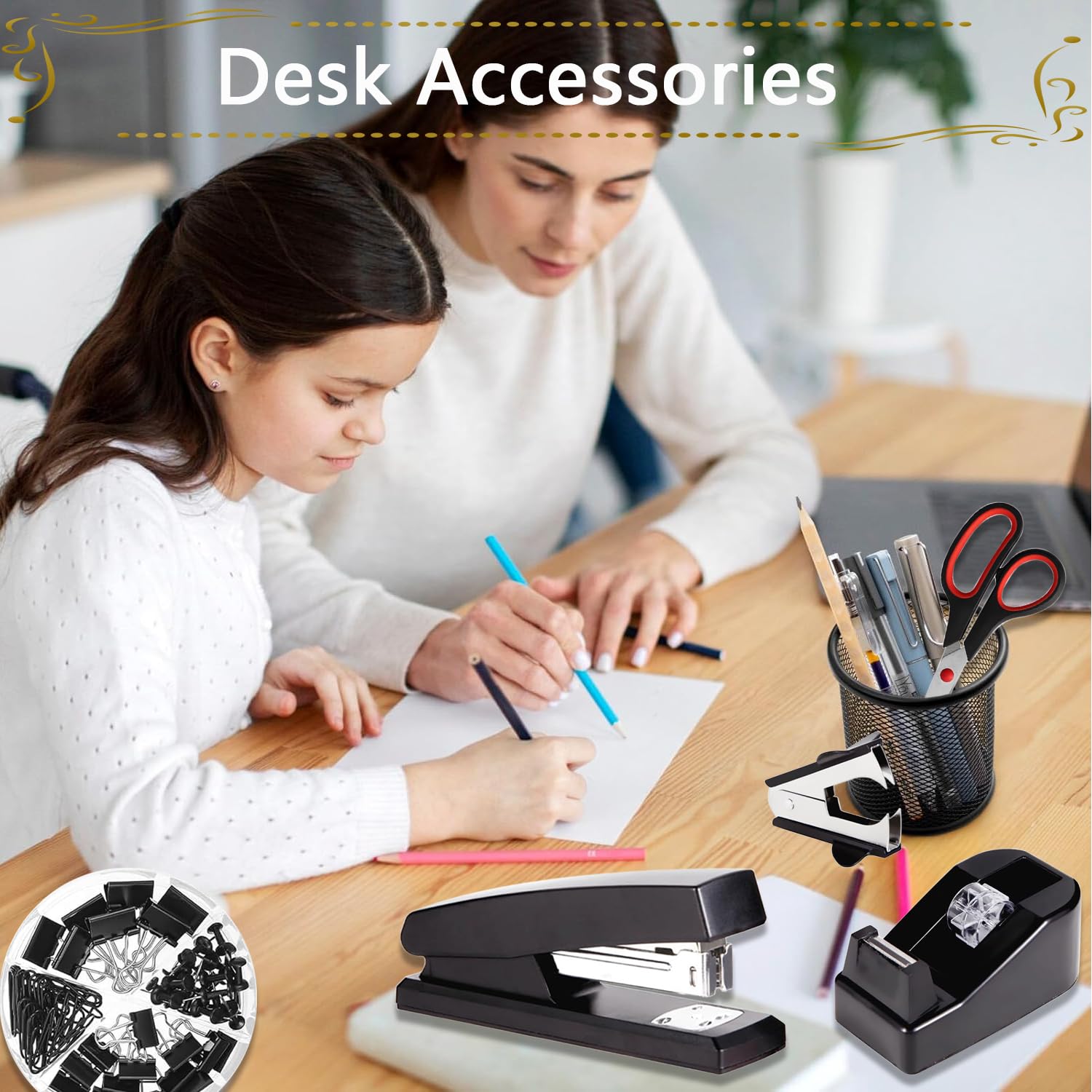 Suministros de oficina, accesorios de escritorio, grapadora y dispensador de cinta para mujeres con grapadora, dispensador de cinta, removedor de grapas, grapas, clips, tijeras y pestañas, regalo para