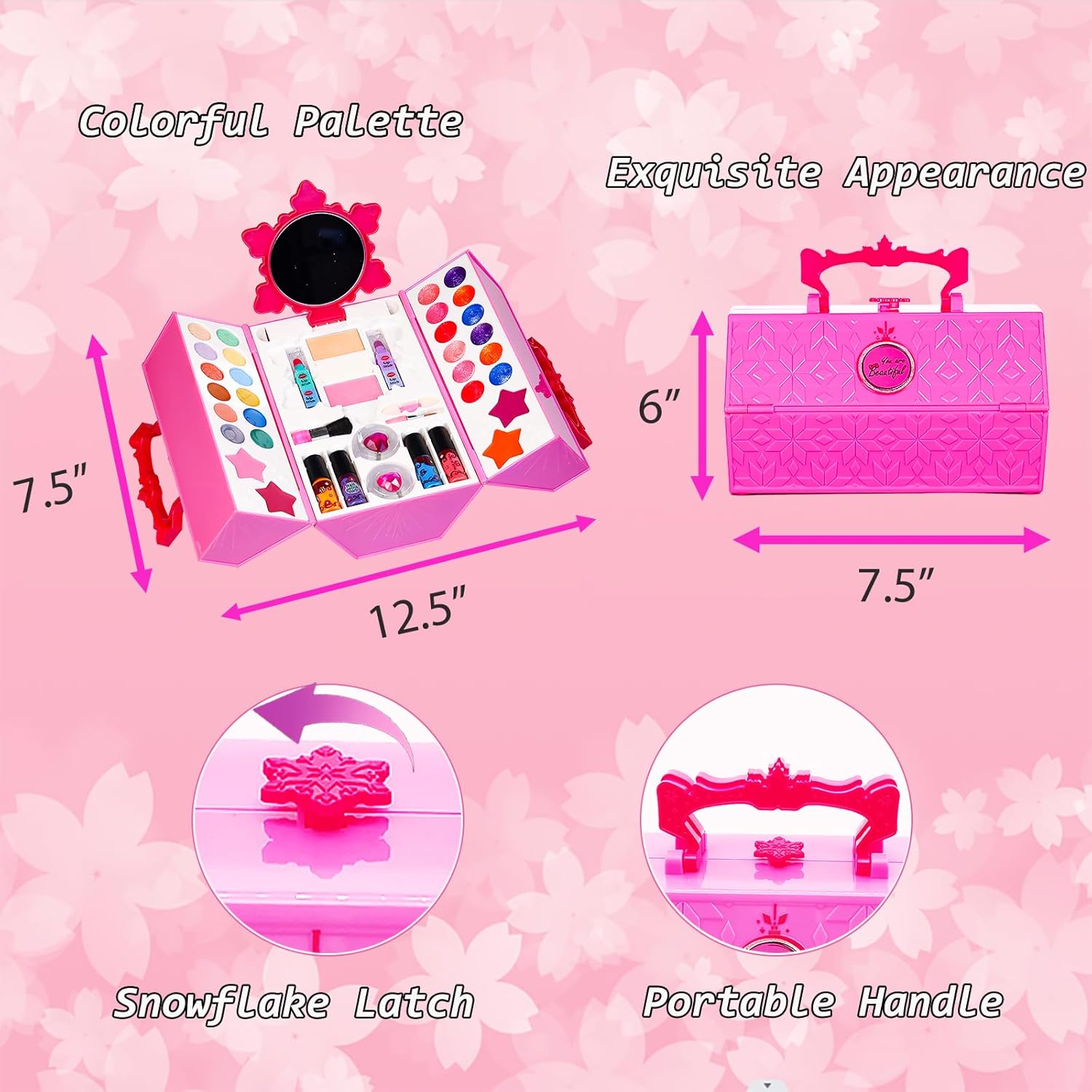 50PCS Kids Makeup Toys for Girls, 5-8 Years Old Makeup Kit Play Set with Mirror for Girls, Real Washable Beauty Toys, Toddler Pretend Play Makeup Kit for Kids Gifts for Age 6-12