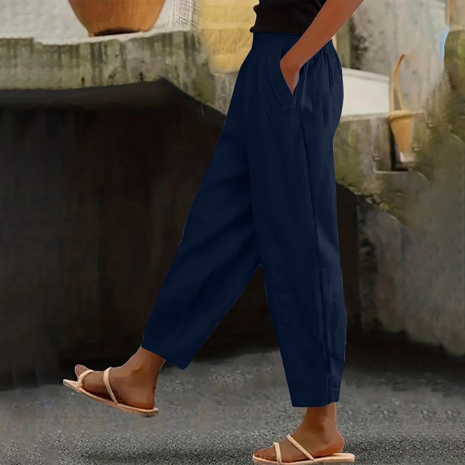 Generisch Pantalon d'été léger en lin pour femme - Pantalon sarouel décontracté avec poches - En mousseline de coton et lin - Confortable - Aéré - Couleur unie - Élégant - Doux - Pantalon de plage