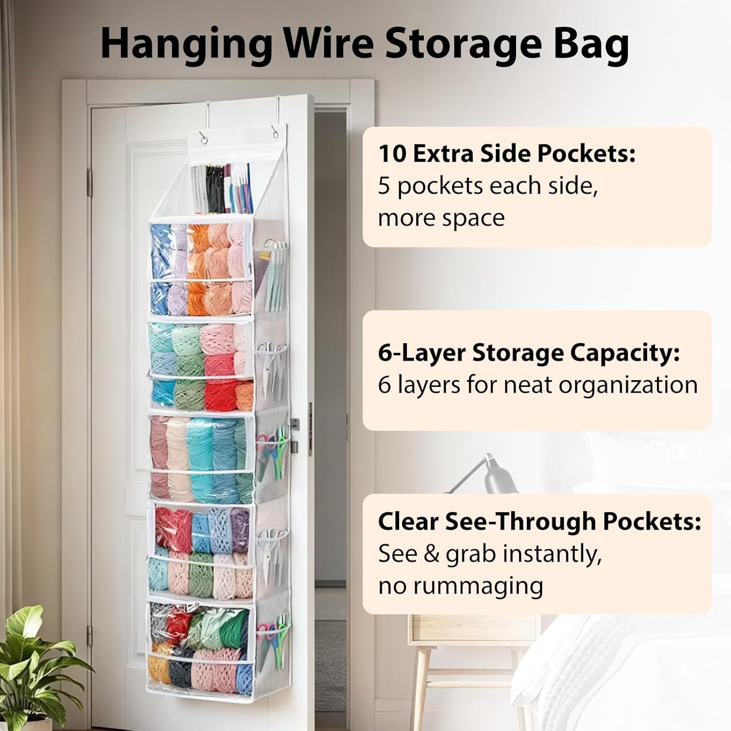 6 Large Hanging Yarn Storage Organizer with Double Zippers,10 Side Pockets, Large Capacity Knitting Needle Organizer, Over Door Yarn Organizer for Knitting Needles and Yarn