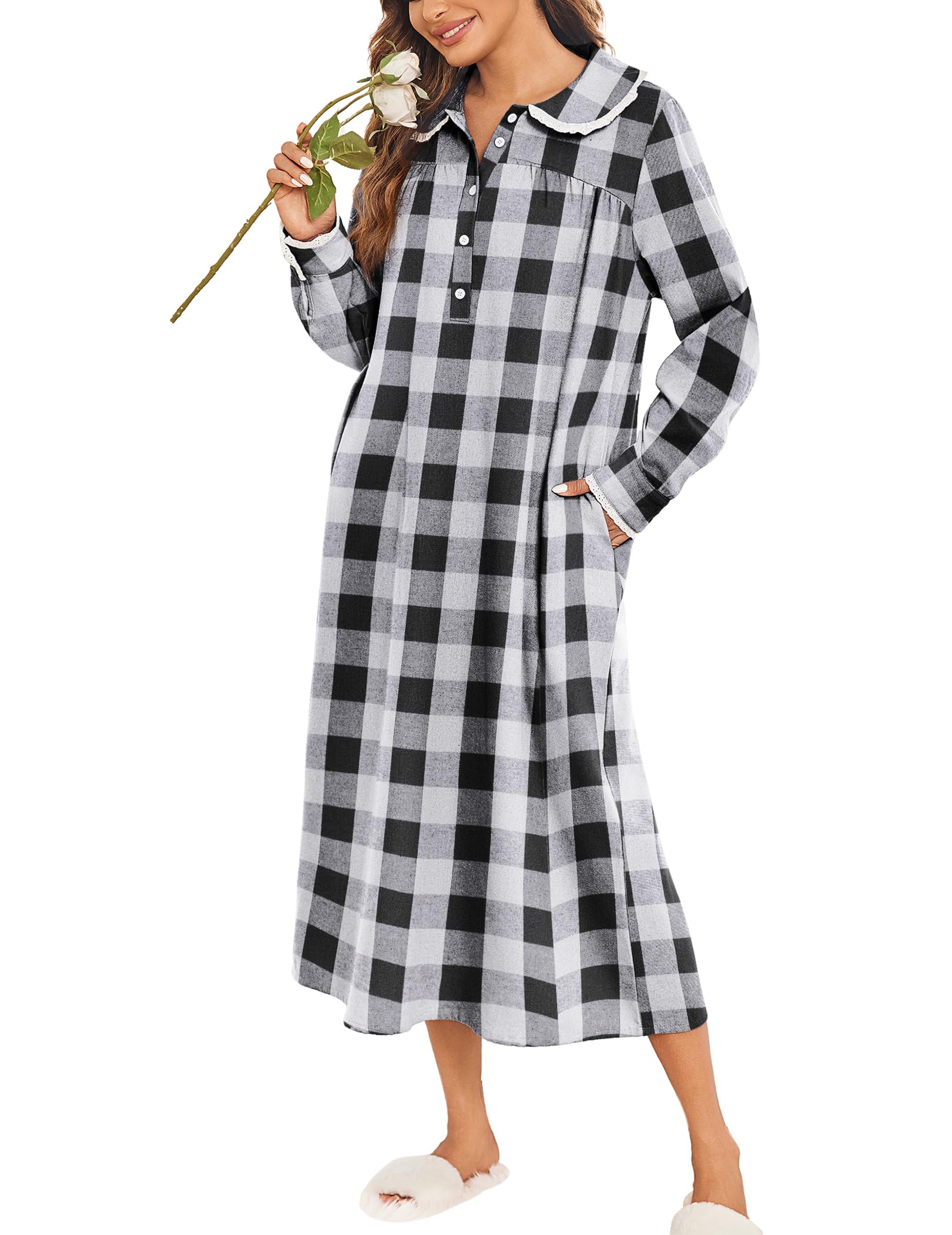 Ekouaer Womens Flannel Nightgowns Cotton Christmas Nightgown Long Sleeve House Coat with Pockets S-3XL