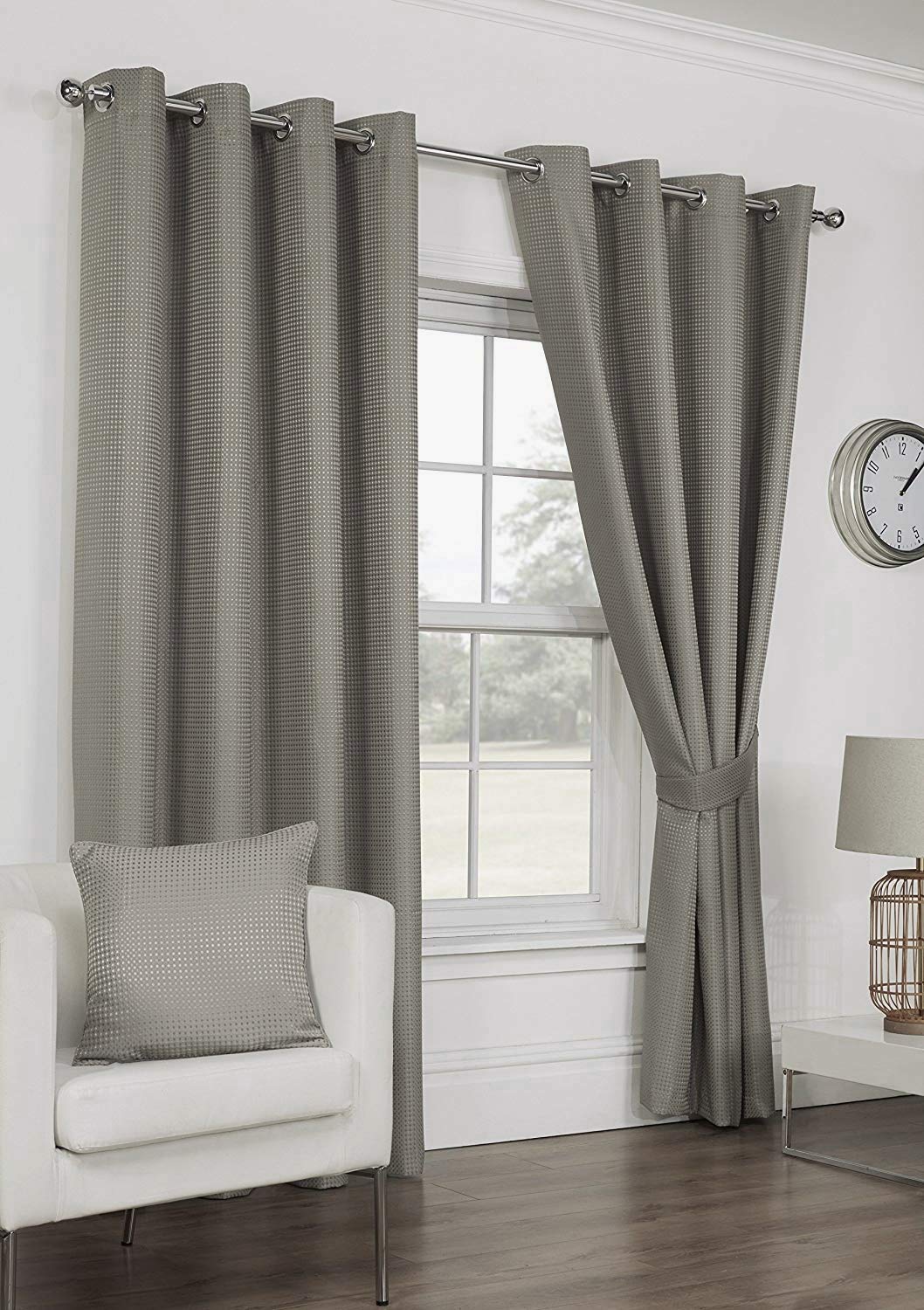 Ambiance Home Grey Slate 90" X 90" Waffle Silver Eyelet Curtains, Lined Diamond Waffle Weave Effect,