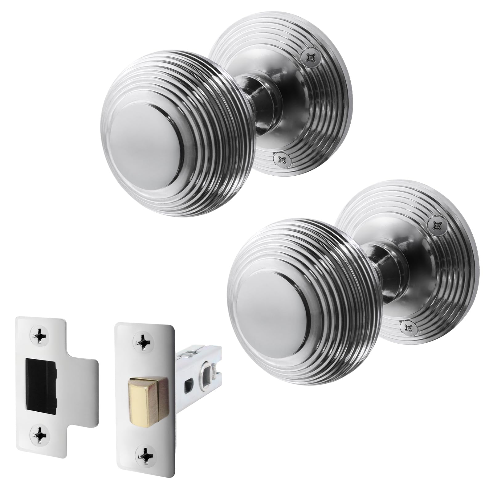EAI Beehive Door Knob Set Polished Chrome | 1 Pair of Reeded Mortice Knobs (55mm) & Latch (76mm) for Internal Doors