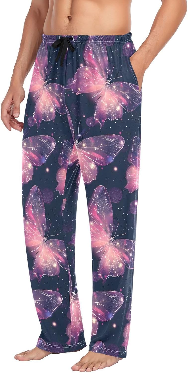 ALAZA Light-pink Butterfly Starry Men's Pajama Pants Men Cotton Pajama Bottoms with Pockets, S