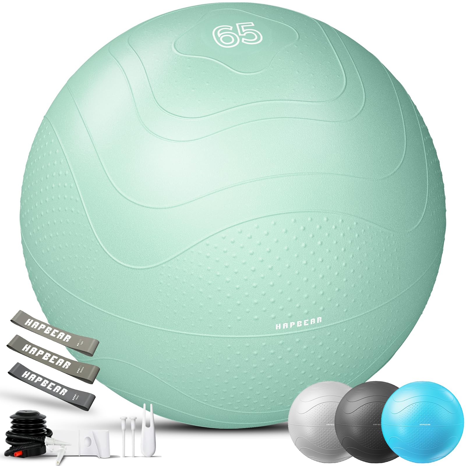 HAPBEAR Gymnastikball & Sitzball (55/65/75 cm) – Anti-Burst, rutschfest Mit Massage-Noppen, Extra Dickes PVC, Bis 200 Kg – Komplettset Mit Fußpumpe & 3 Widerstandsbändern für Fitness, Büro & Yoga