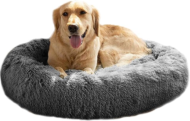 Mirkoo Calming Dog Bed Fluffy Plush Cat Bed, Washable Round Fur Donut Pet Bed for Large Medium Dogs and Cats, Faux Fur Cuddler Up to 11/15/24/45kg, Grey