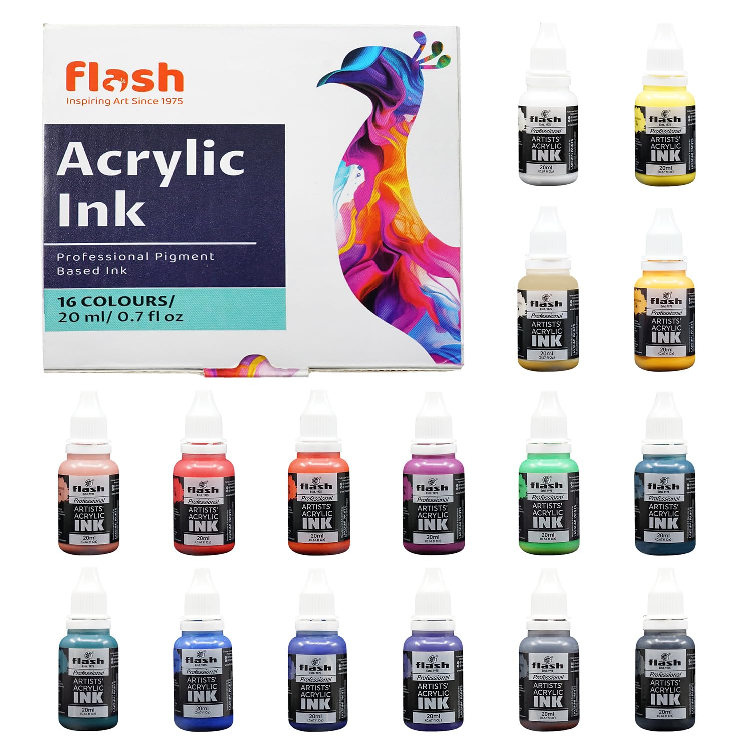 Acrylic Ink,Set of 16 Colors/Bottle (20 ml/0.7 US fl oz) with Rich Pigments, Vibrant, Non Toxic Paints for The Artist, Hobby Painters (Set of 16 Colors-20ml Each, Multi)