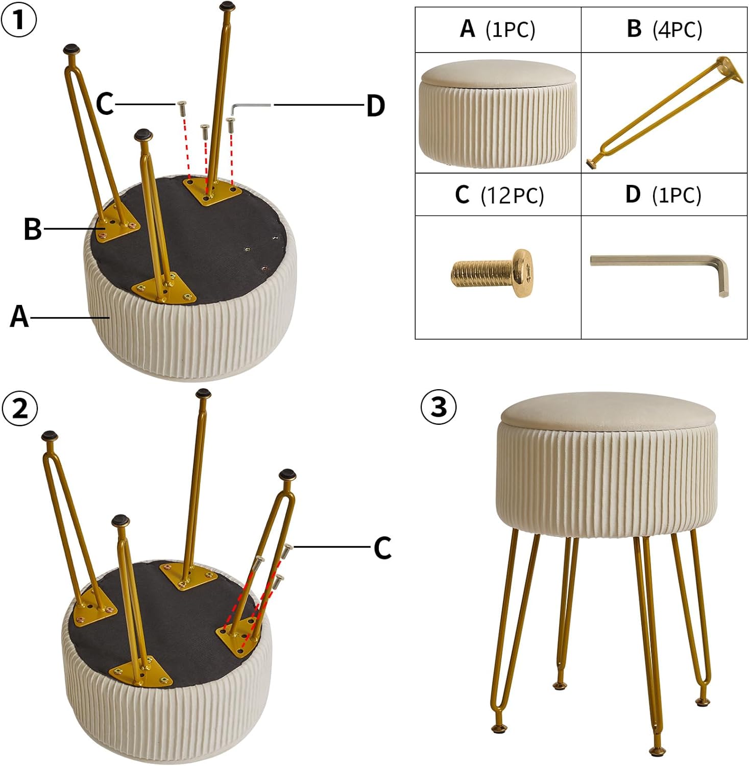 IBUYKE Velvet Storage Footrest Stool Ottoman, Makeup Vanity Stool Side Table with Golden Steel Legs Removable Cover, Coffee Table Top Cover, Creamy-White LG-20M - Image 7