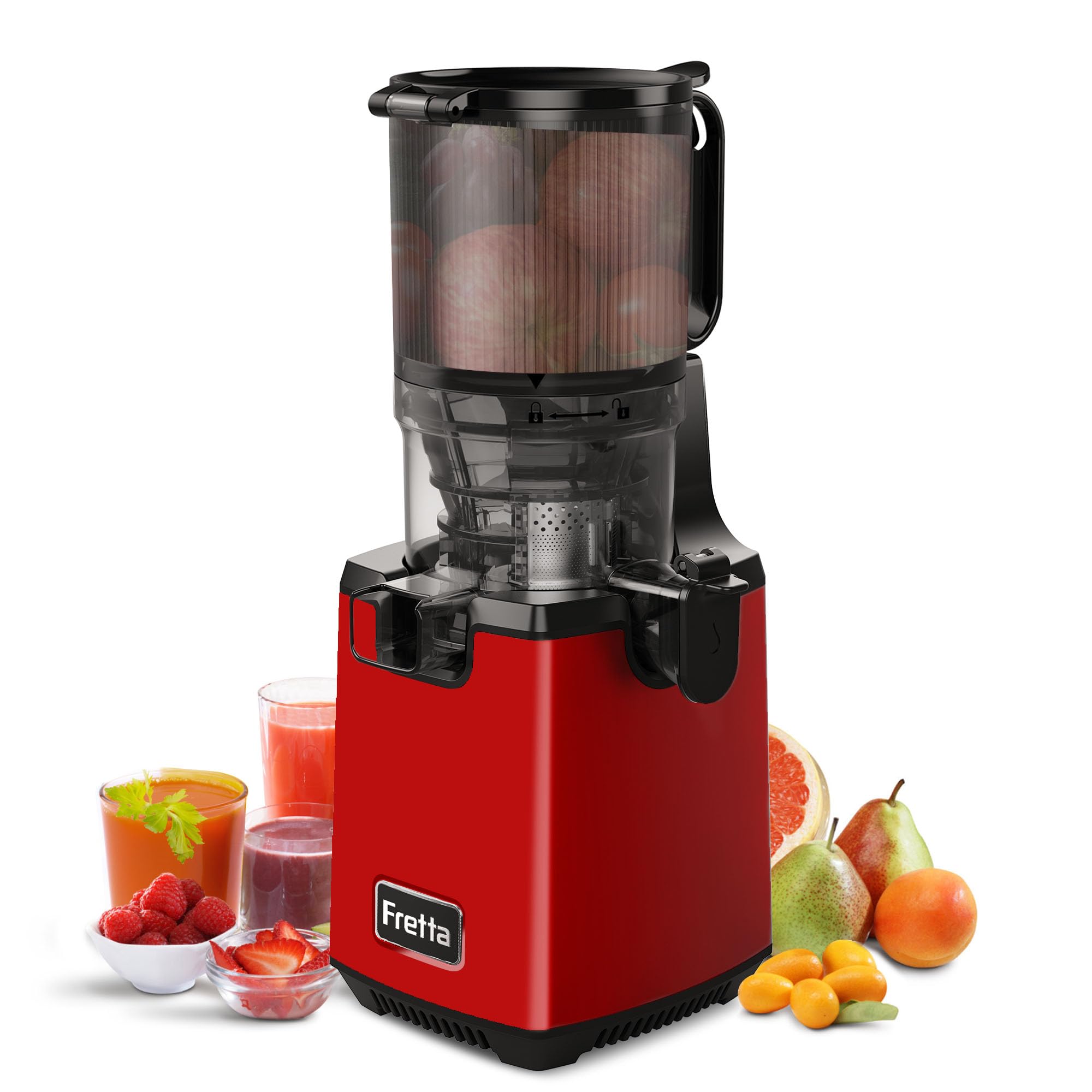 Fretta extractor de zumos y verduras,Exprimidor de Frutas y Verduras de 1,8 Litros con Triple Filtro,250W,fácil de instalar,desmontar y limpiar,Base de acero inoxidable (Rojo Puro)