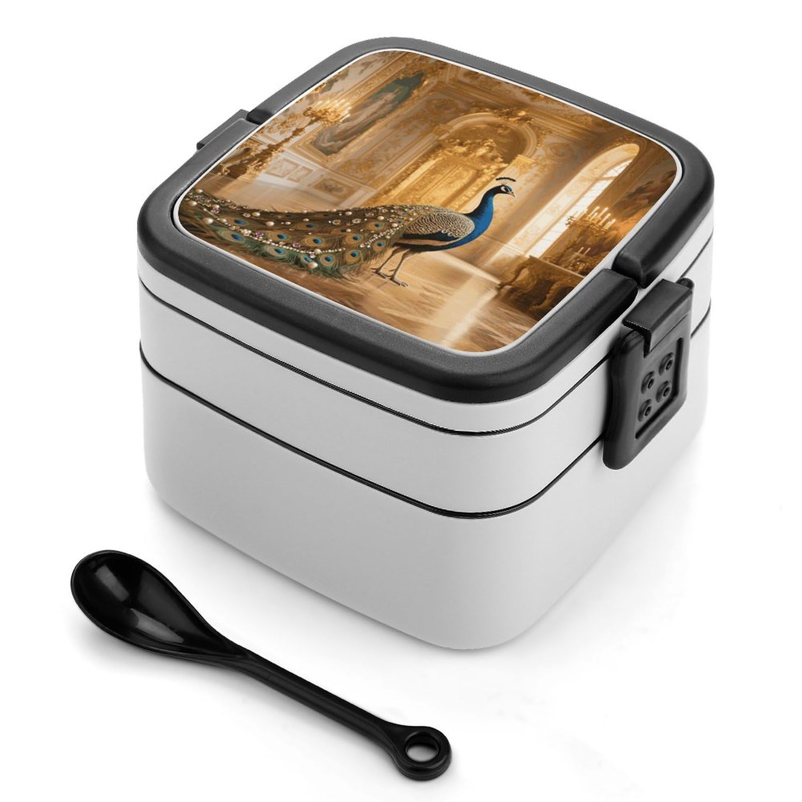 VstaDank Jeweled Peacock Bento Box with Compartments Portable Lunch Containers with Spoon Leak Proof Bento Lunch Box Snap-On Design Double-Layer Insulated Lunch Boxes for Work Camping