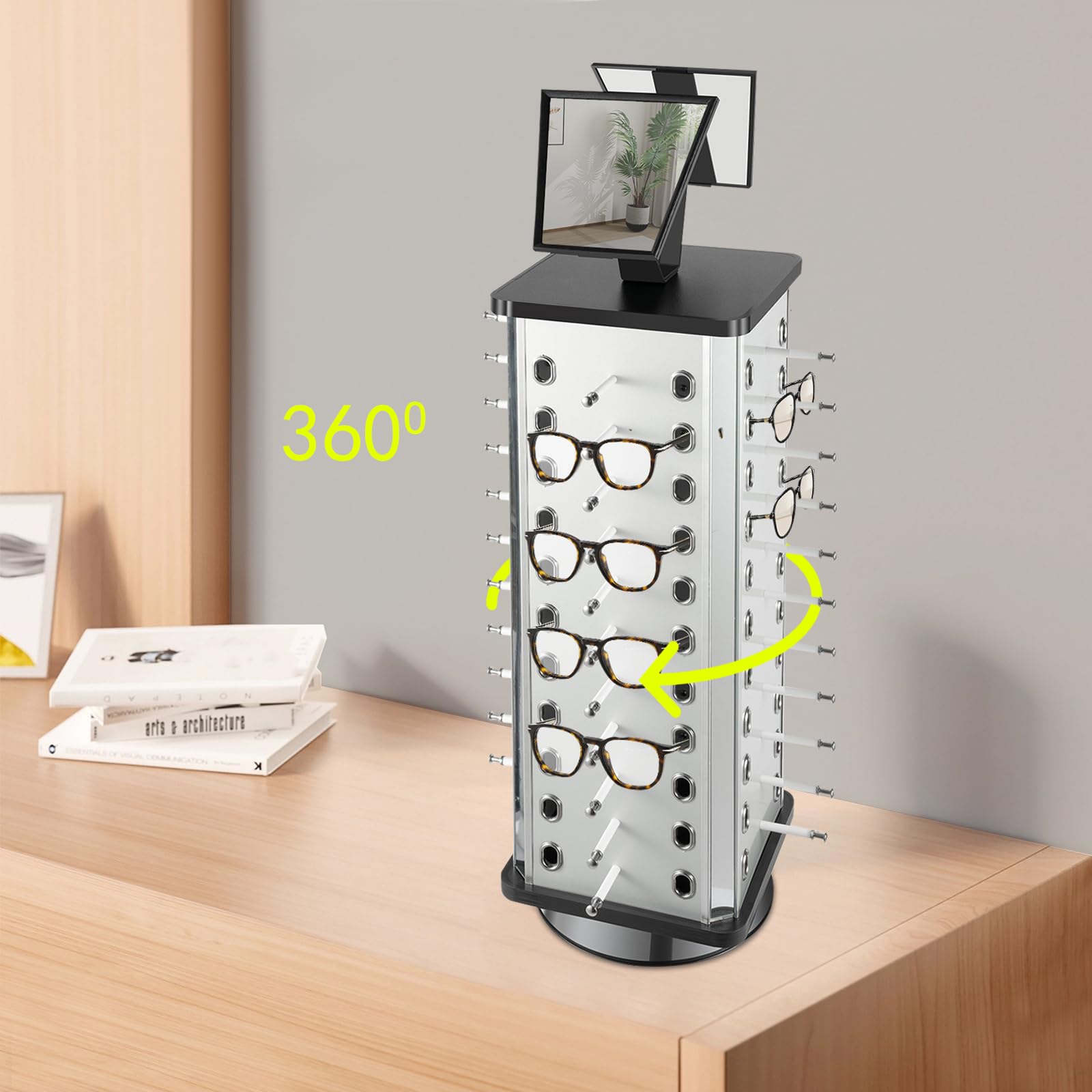 Stojak na okulary obracany o 360° z drewna i aluminium, stojak na 44 okulary przeciwsłoneczne