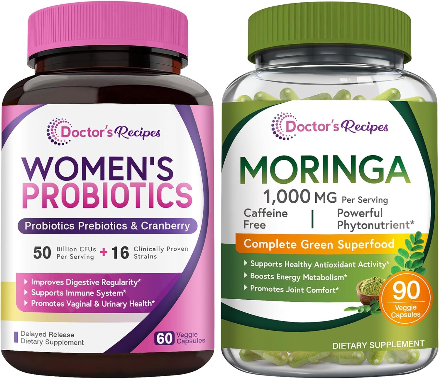 Doctor's Recipes Women’s Probiotics & Organic Moringa Bundle, GI and Women’s Health, Natural Antioxidant Support, No Gluten, Pro (60 Capsules) & Moringa (90 Capsules)