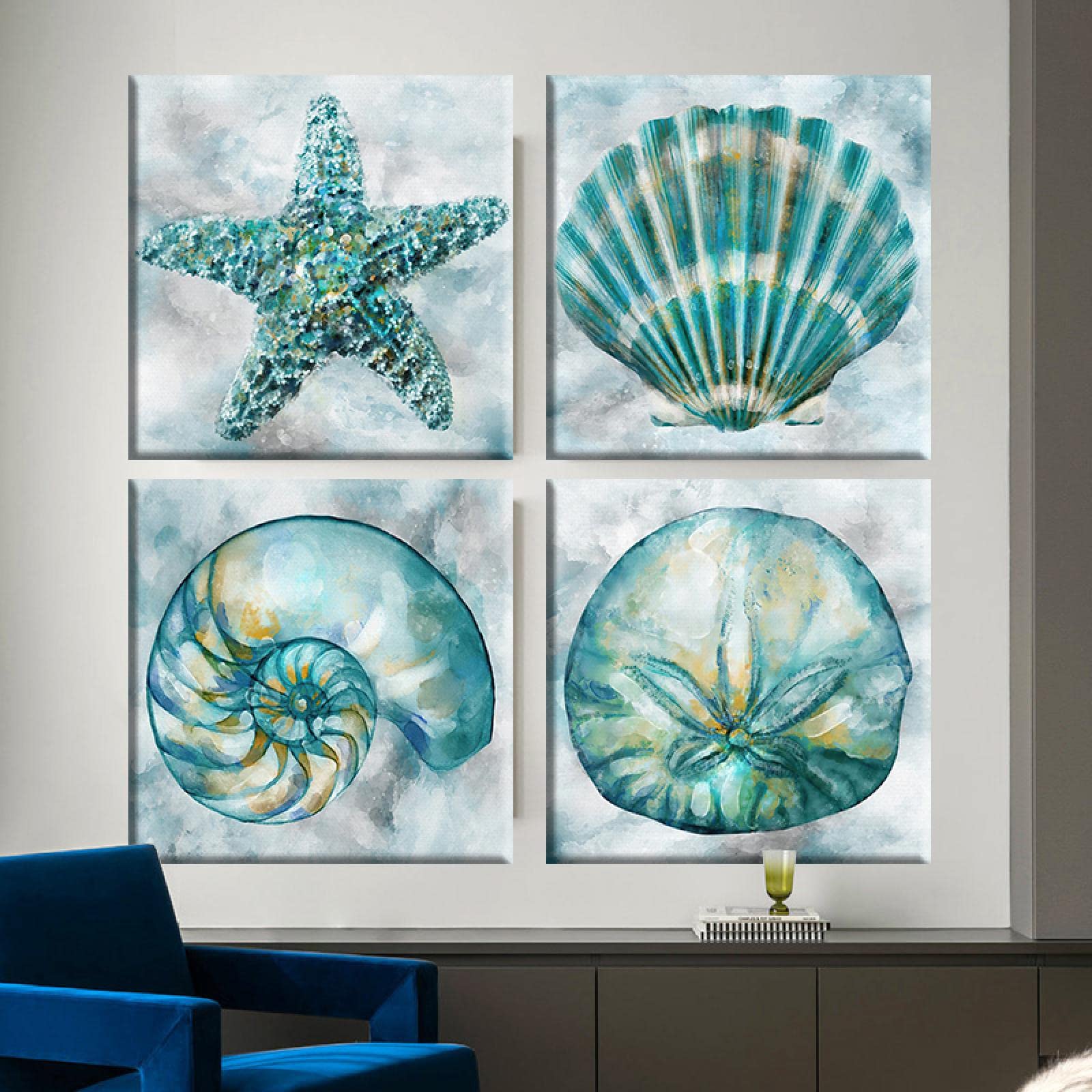 KEBIA Vintage Seashell Starfish Dipinto su Tela Wall Art Retro Blue Concha Poster Stampe per Soggiorno Home Decor 30x30cmx4 Frameless