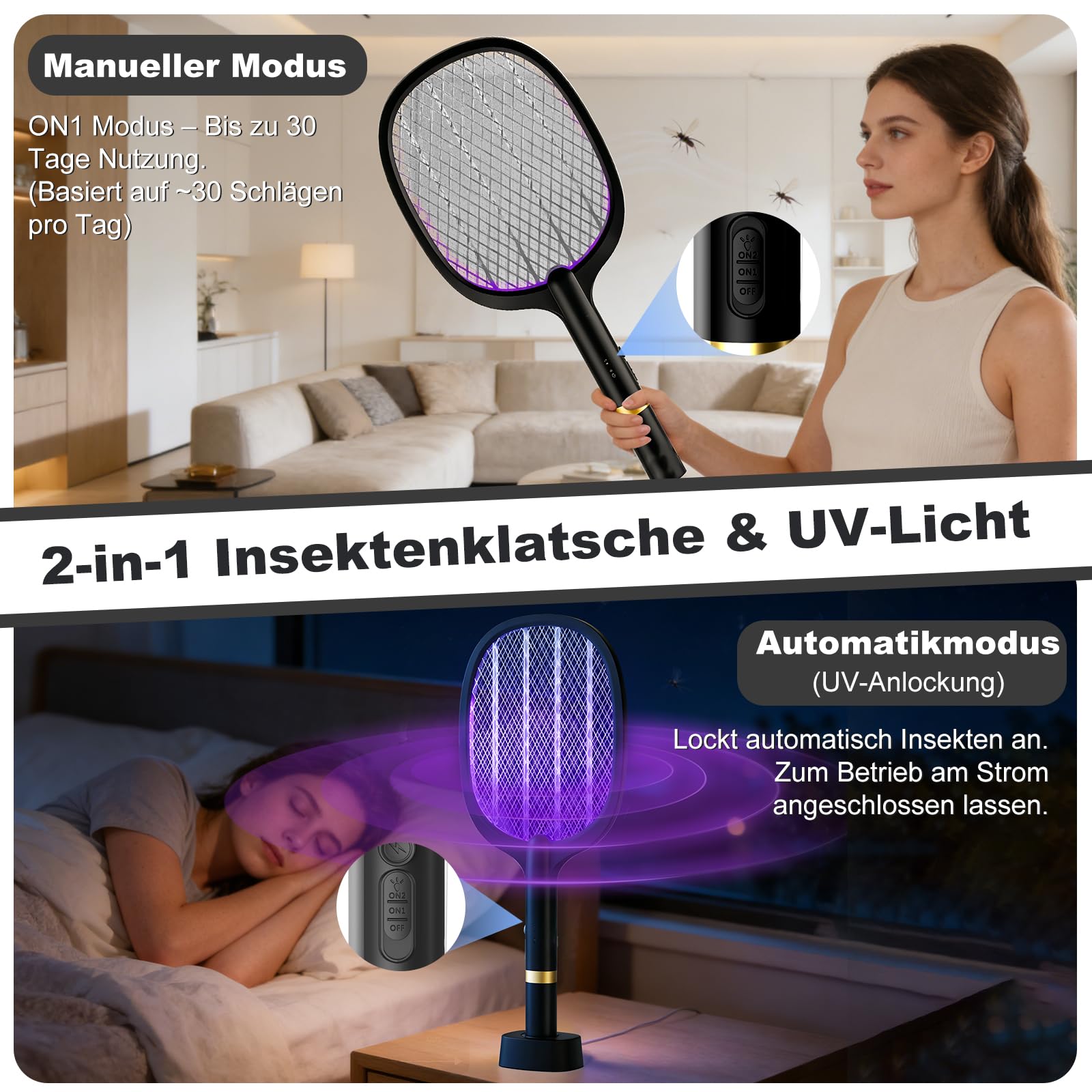 Scacciamosche elettrico, extra forte, con base di ricarica USB C, 2 in 1, per zanzare, mosche, api, tarme 2 CV, nero