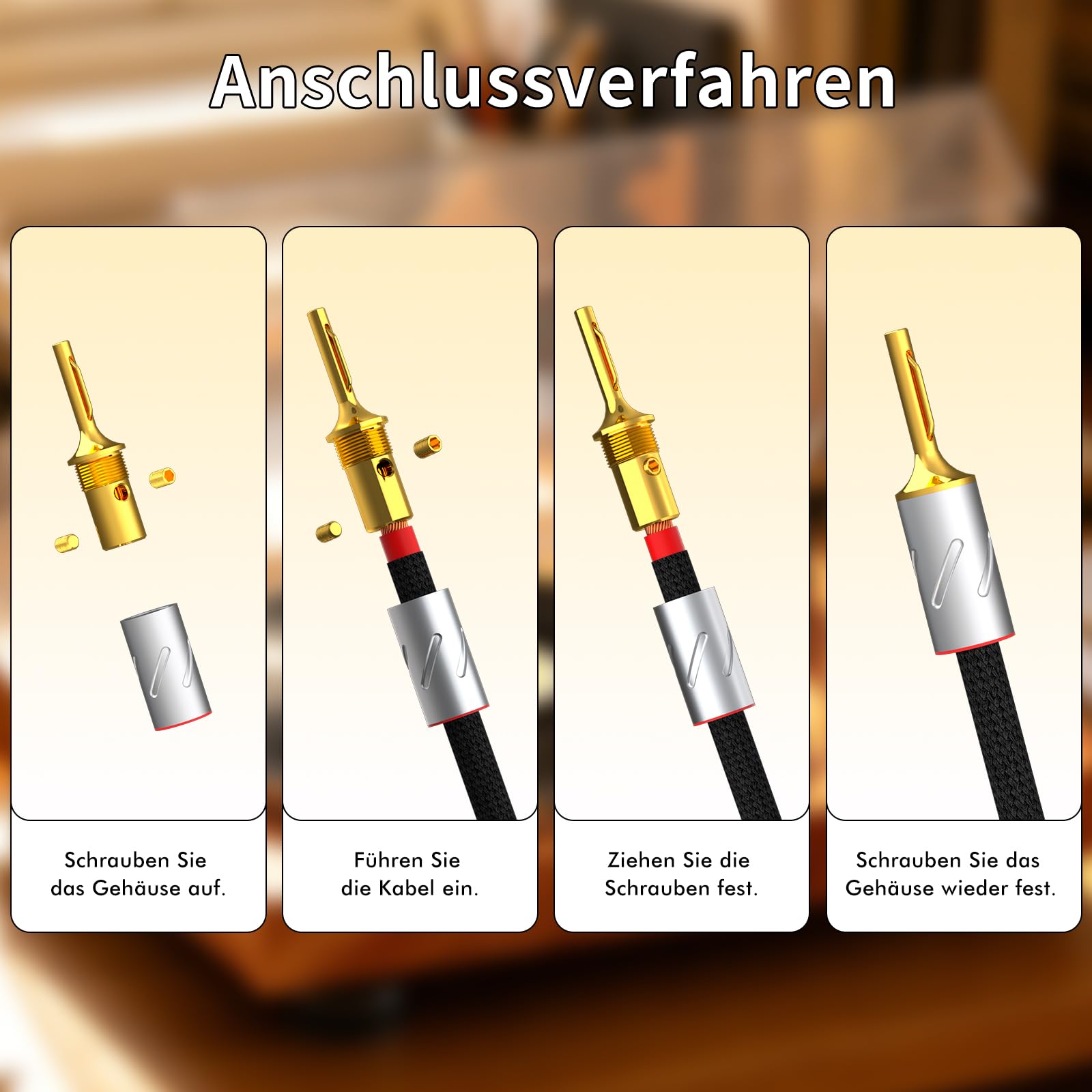 Monosaudio B801G Lautsprecher Bananenstecker, 6mm/10AWG, 4 Stück | 99,998% Reines Kupfer, Vergoldet, Doppel-Schraubverriegelung, Mit Inbusschlüssel