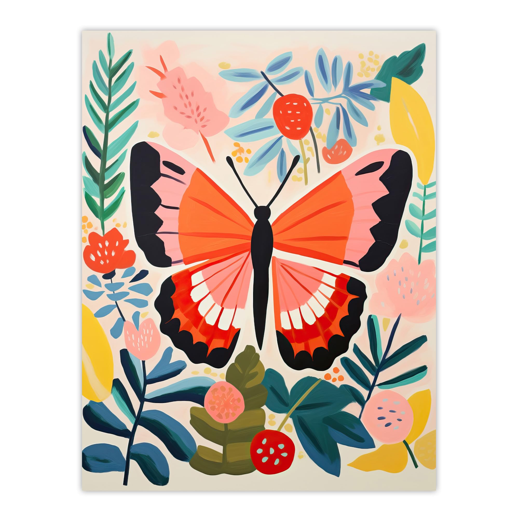 Wee Blue Coo Butterfly Henri Matisse Style Bright Painting Leaves Fronds and Floral Blooms Spring Extra Large XL Wall Art Poster Print
