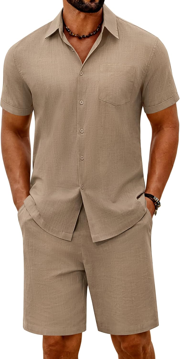 COOFANDY Men’s 2 Piece Summer Outfit Short Sleeve Casual Beach Button Down Shirts and Shorts Vacation Cotton Sets